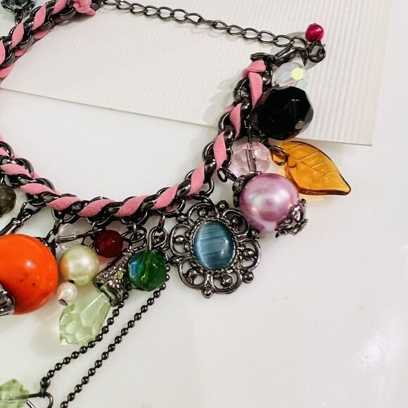 Art Glass Dangle Charm Bracelet Faux Pearl Leather Rhinestone Dangle Green Orang - Picture 7 of 9